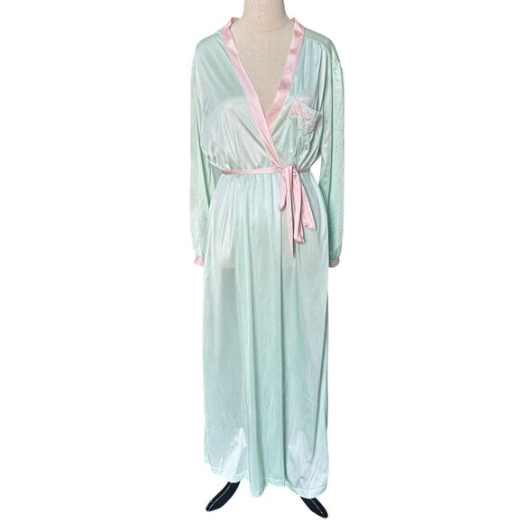 Vintage 80s Gilead Mint Green Pink Trim Satin Robe Dressing Gown Made in USA - Picture 1 of 7